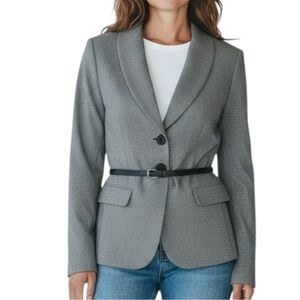 LOFT Wool Houndstooth Belted Blazer Black/White Size 8 —broken button on cuff